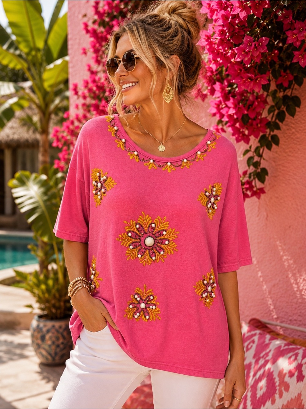 Focus Pink Beaded Embellished Top Boho Resort Tunic Made in USA